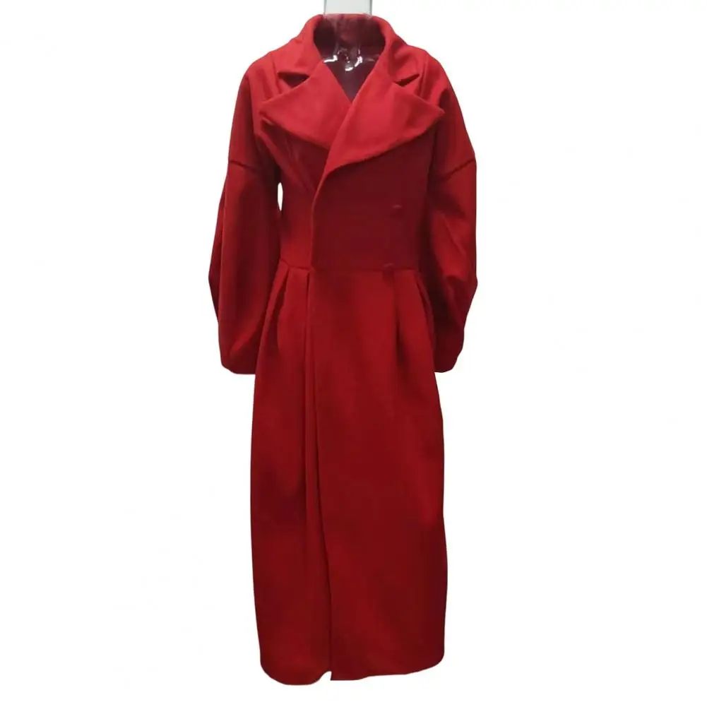 Notch Lapel Coat Women Long Wool Coat for Fall Winter Lantern Sleeve Overcoat with Notch Lapel Double Breasted Trench Coat