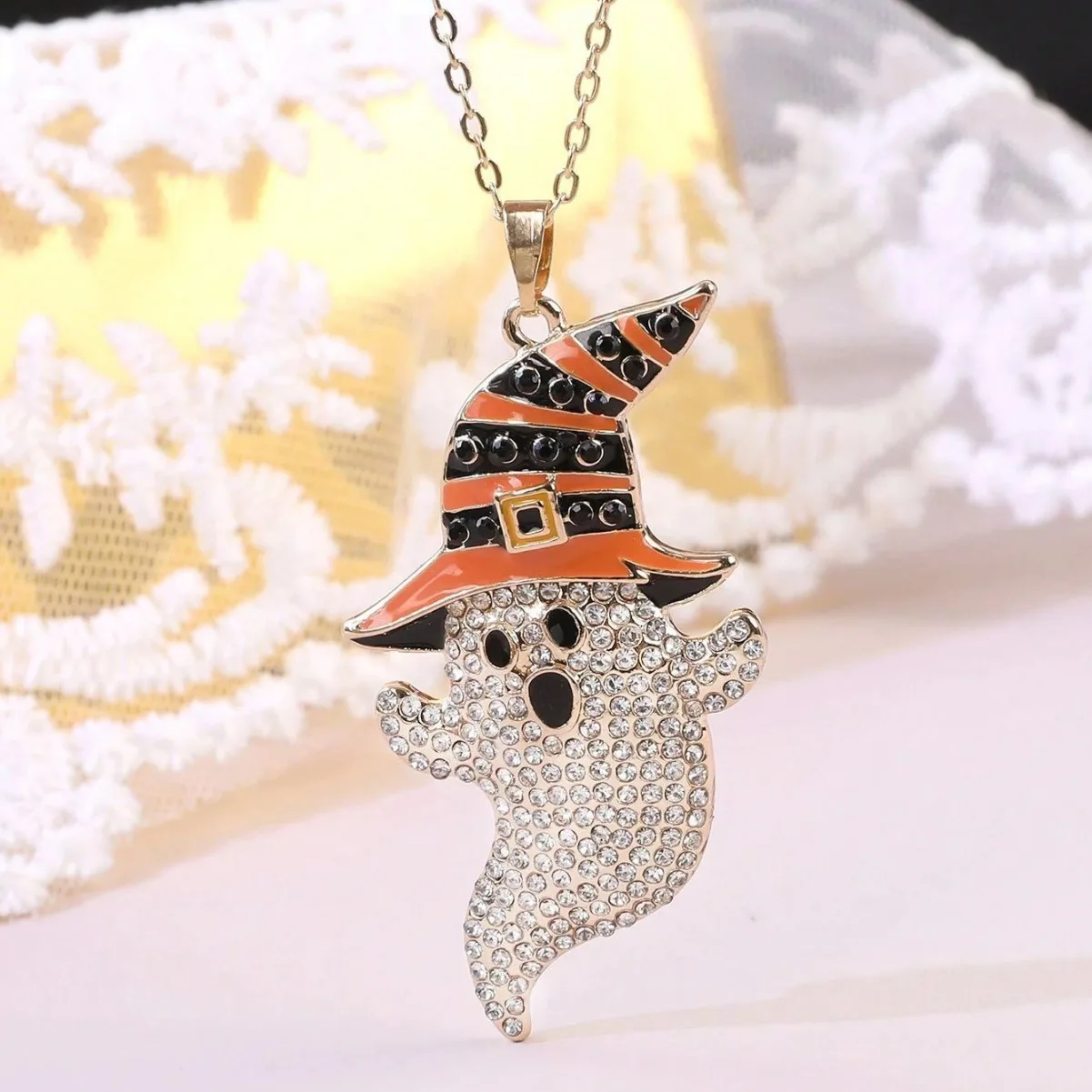 Europe and America Silver Color Full Inlay Zircon Enamel Witch Ghost Hat Necklace UNISEX Halloween Happy Party Jewelry Necklace