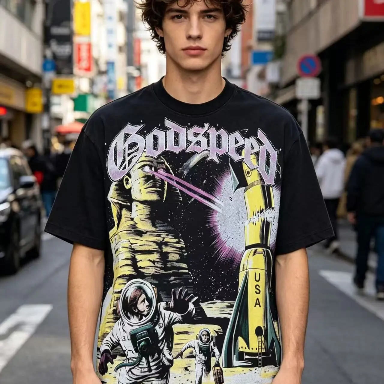 Fashionable Pure Cotton Short Sleeve T-Shirt with Space Pyramid Print High Street Style Youthful Trendy Streetwear Citywalk