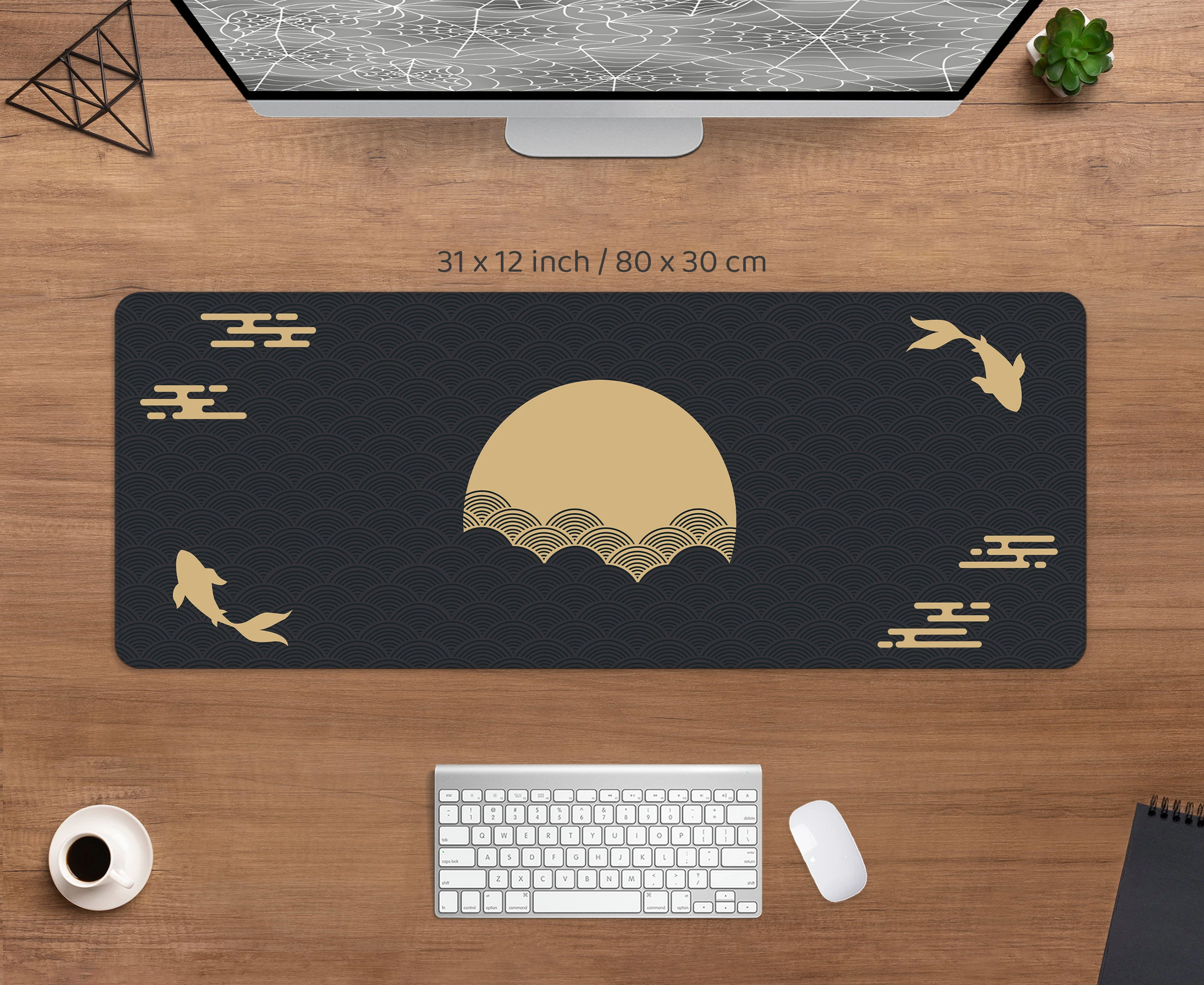 Japanese Desk Mat Black & Gold Mousepad Koi Fish Sun Cloud Japan Art Seal Sunrise Dark Sunset Large XXL Mouse Pad Gaming Deskmat