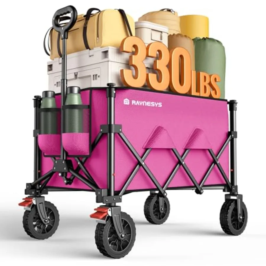 

Camping Shopping Sports Utility Wagon Cart Heavy Duty Foldable Collapsible Wagon with All-Terrain Wheels and Brakes Pink 330lbs