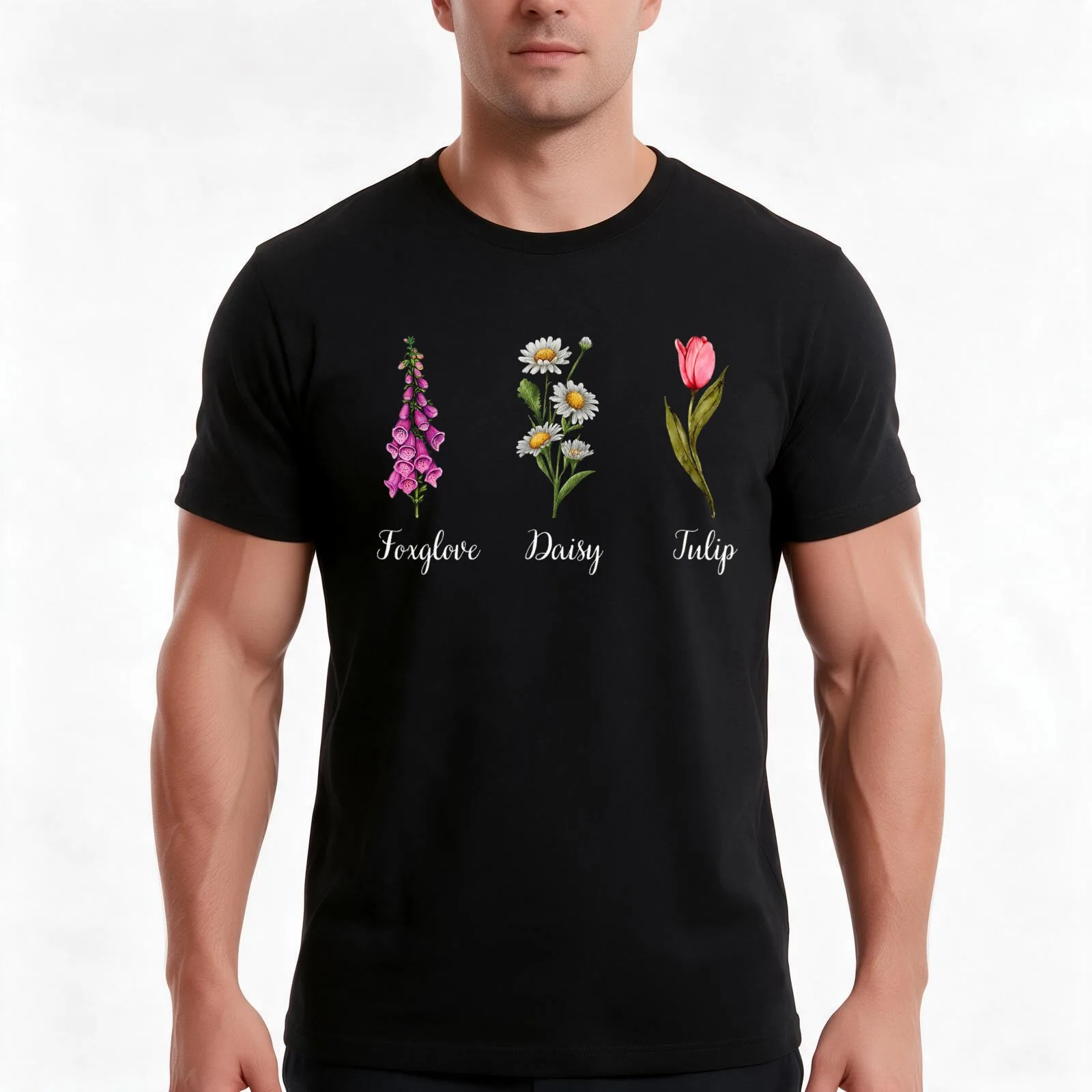 Foxglove Daisy Tulip Floral Flower T-Shirt, Summer Casual Cotton Tee, Oversized Streetwear Tops, Vintage Graphic Print