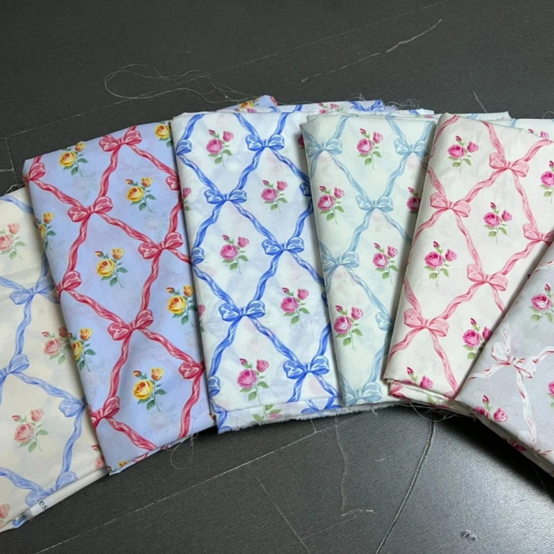 140x50cm 60s Single-Cotton Blue Pink Fabric with Digital Silk Ribbon and Rose for Handmade DIY Dress Shirt Sewing Cloth
