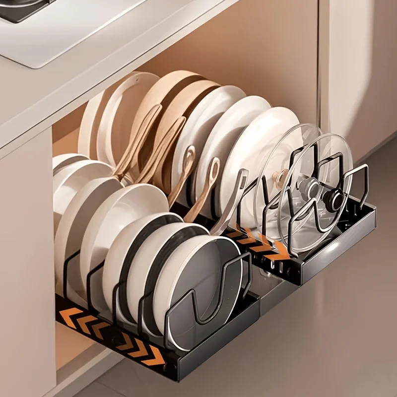 Pull Out Cabinet Storage Organizer Sliding Pot Lid Pan Rack With Adjustable Dividers For Lids Bakeware Plates Kitchen Cabinet Accessories