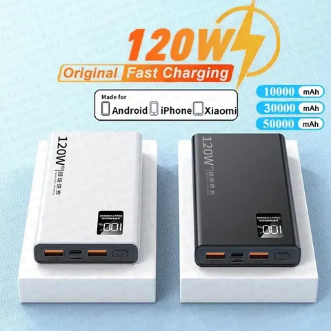 Original 120W 50000mAh Powerbank External Spare Battery Portable Charger Fast Charging For Apple iPhone Xiaomi Samsung PowerBank