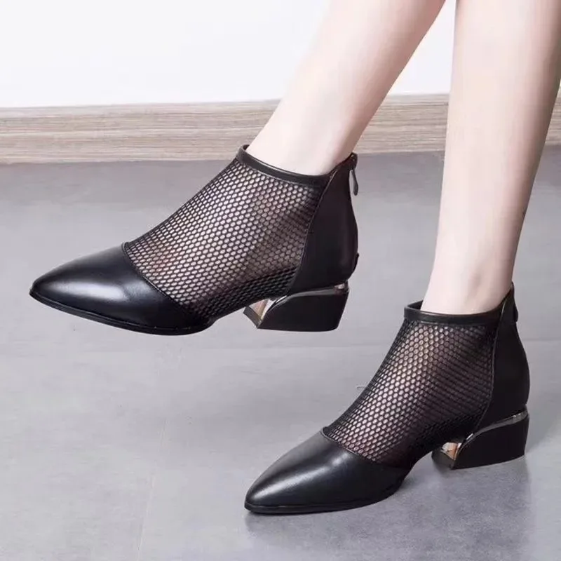 2024 Breathable Mesh Summer Women\'s Ankle Boots New Women\'s Fashion Pointed Hollow Zipper Casual Shoes Women\'s High Heel Sandals