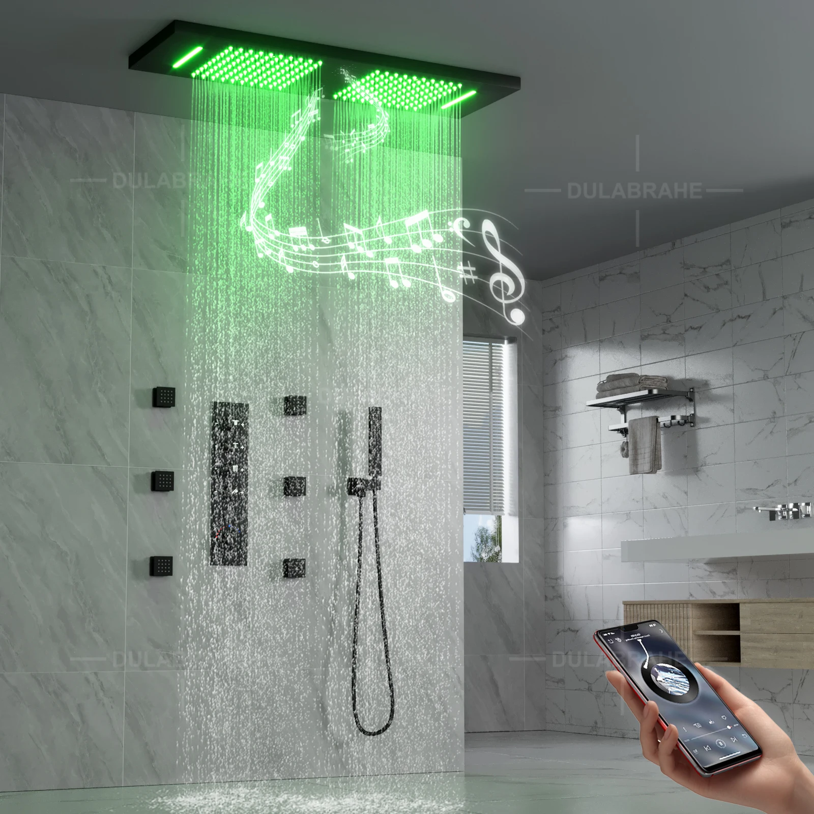 Ceiling Embedded Music LED 36*12 Inch Rain&Waterfall Shower Head Temperature Display Thermostatic Shower Faucet Set