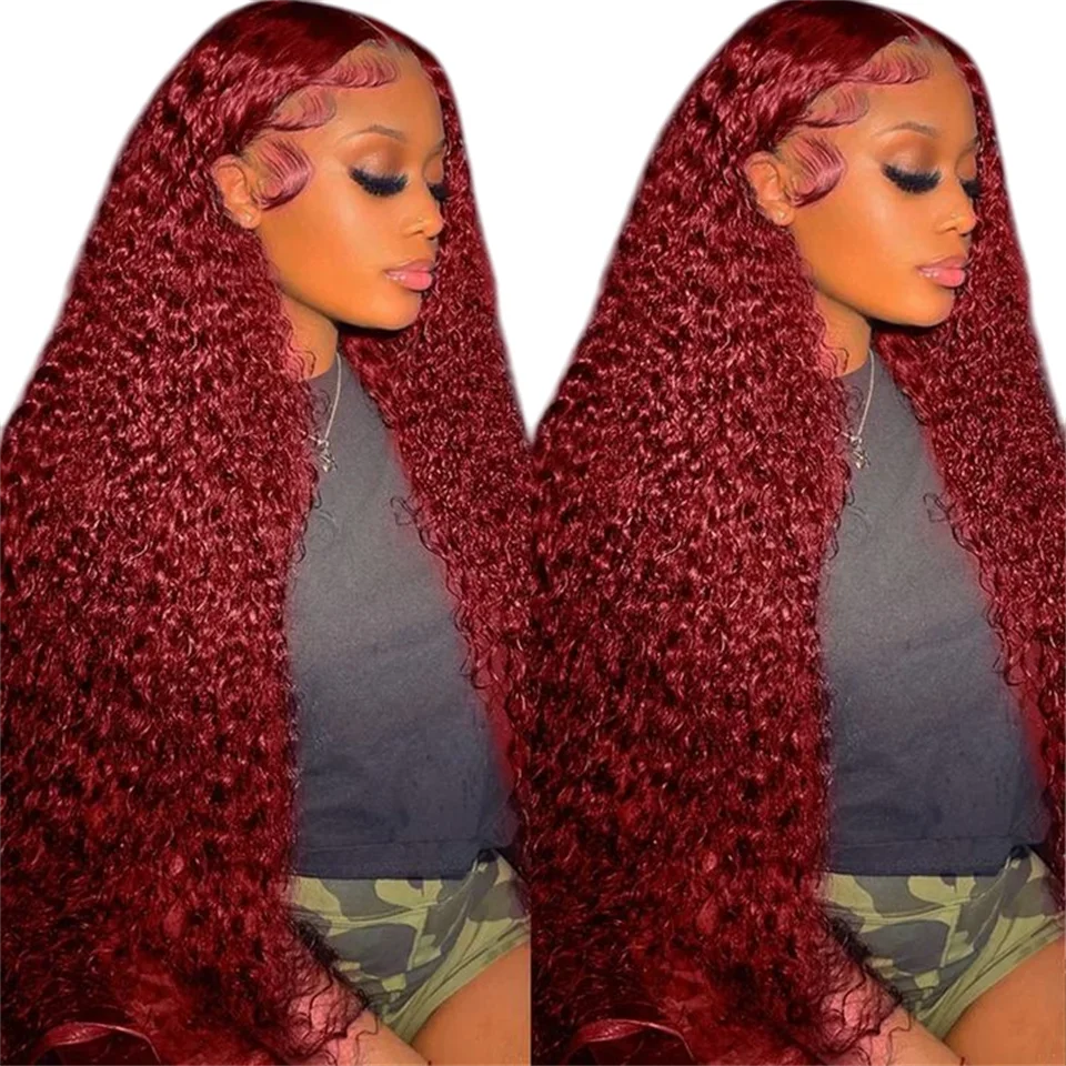 

99J Burgundy 13x4 HD Lace Frontal Human Hair Wigs Preplucked Density200 Brazilian 30inch 13x6 Colored Deep Curly Human Hair Wig