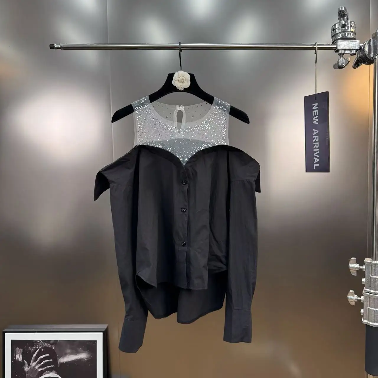

2025 Fall Sexy Mesh Rhinestone Off Shoulder Long Sleeve Blouse Women Button Up Shirt