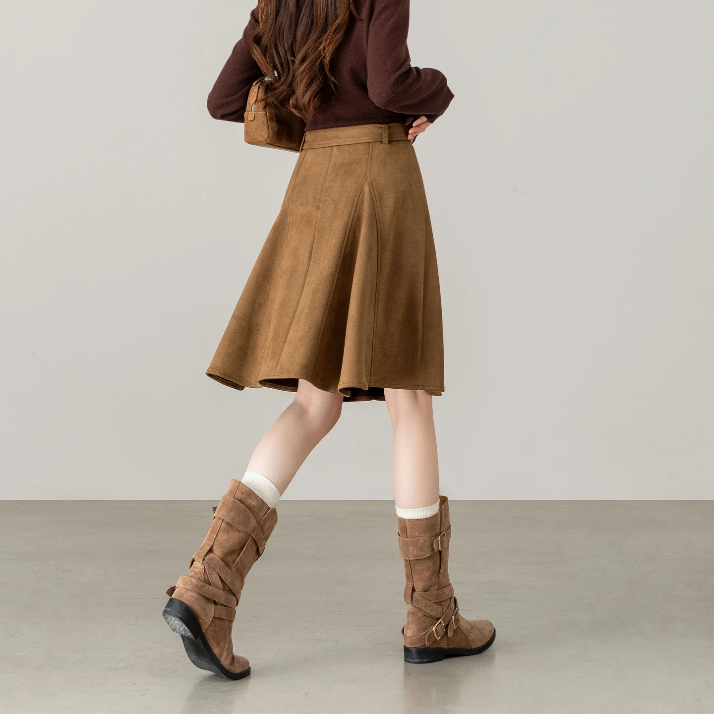SENTUBILA Women A-Line Midi Skirt Suede Fabric Winter Petite Vintage Detachable Belt Elegant Daily Versatile Skirts 164QA8215