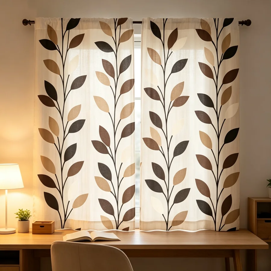 2PCS Digital Print Curtain, Brown Coffee Branches Leaves, Warm Earthy Botanical Rustic Style for Living Room Bedroom Decor