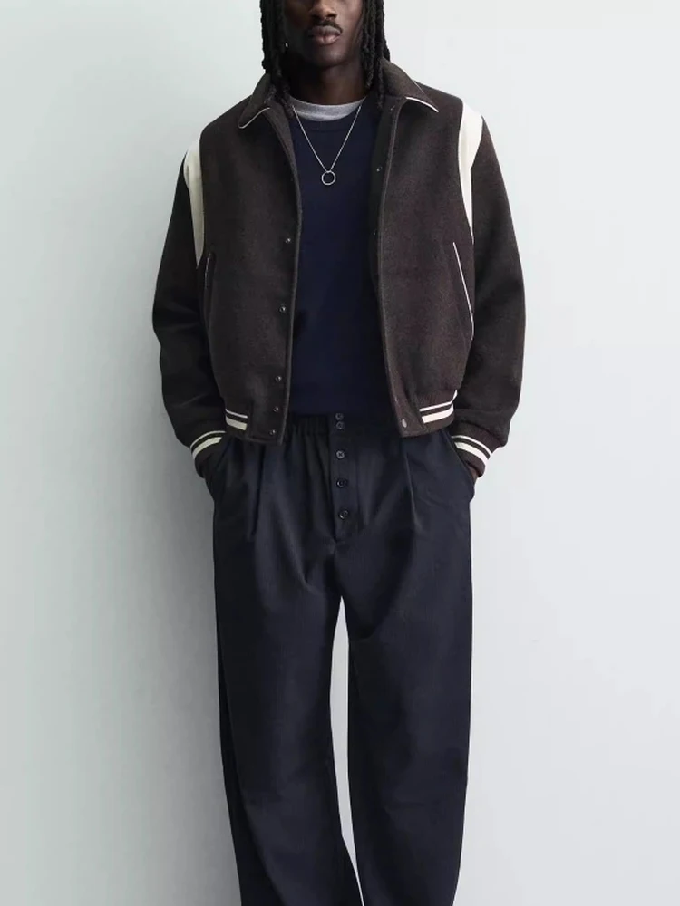 

Spring 2026 Men's New Color Blo Woolen Pilot Jaet College Sle Flip Collar Zipper ort Length Stand Fit Long Sve