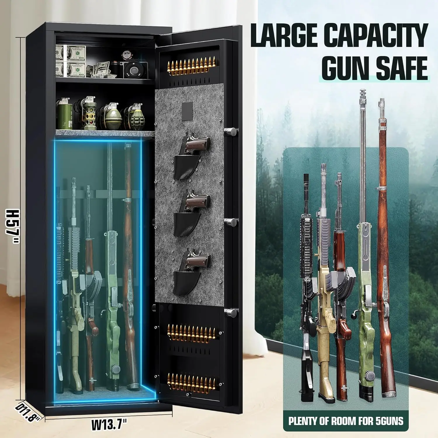 Arma segura com 3 bolsas de pistola, acesso rápido Biometric Large Gun Cabinet Lock, Alto Heavy-Duty Gun Safe para Home Rifle Pistols, 5