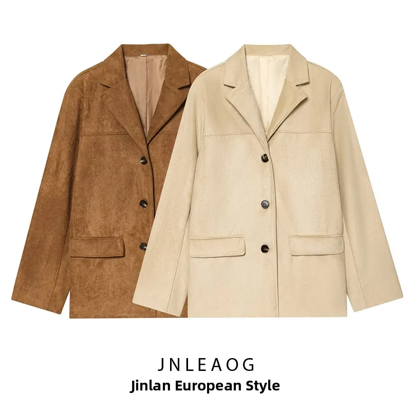 

JNLEAOG Осенний Новый Модный Женский Пиджак из Замши с Текстурой, Универсальный Дизайн, Длинный Рукав, Деловой Повседневный Стиль, На Одной Пуговице