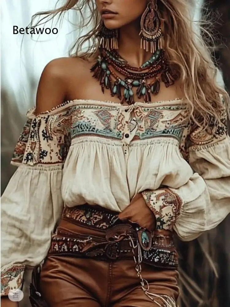 Off Shoulder Tribal Floral Print Blouse Long Puff Sleeve Half Button Gathered Waist Boho Casual Crop Shirt