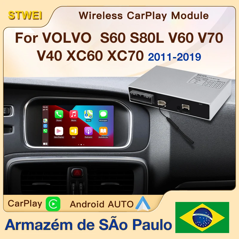 Módulo automotivo sem fio carplay android para volvo xc60 xc70 s60 s80 v60 v70 v40 2011-2019 suporte de música bluetooth para câmeras