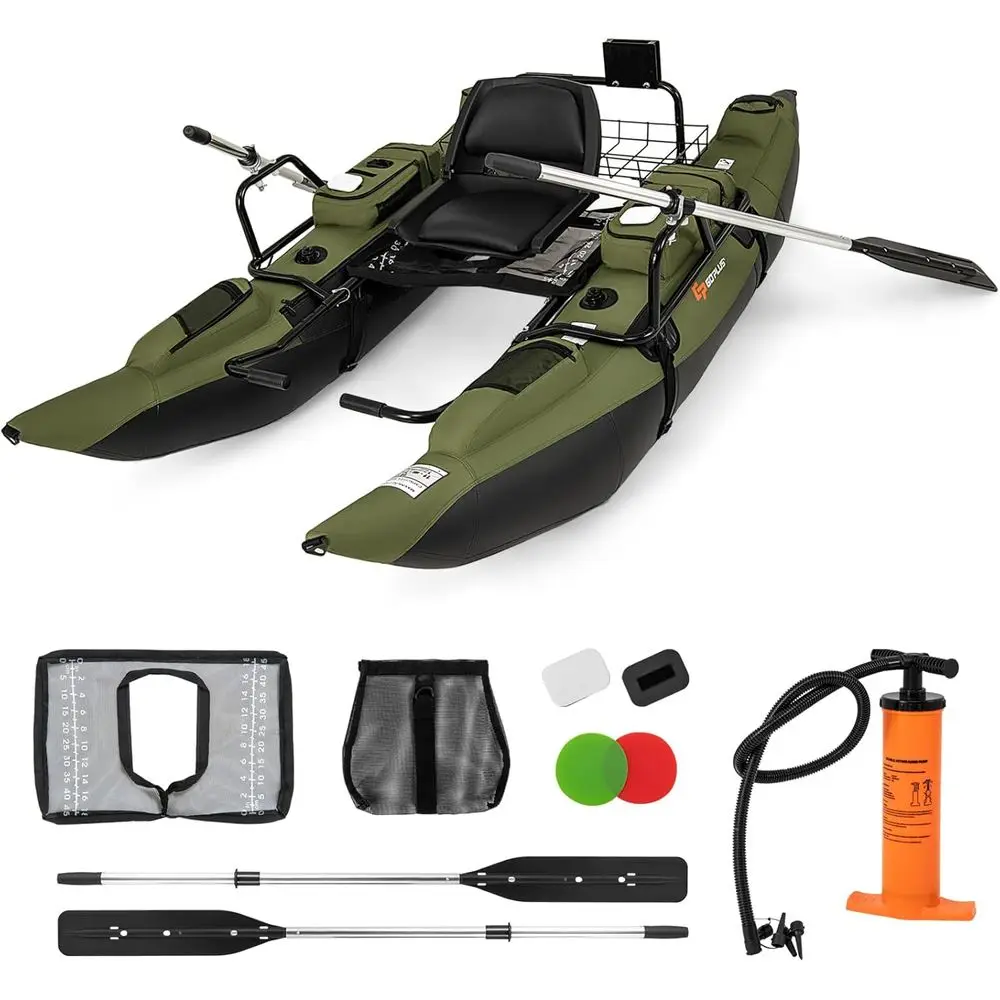 

Inflatable Pontoon Boat with Removable Padded Seat, Adjustable Footrest, Pump, Paddles, Fish Ruler, Storage Baskets, 400 lbs Cap