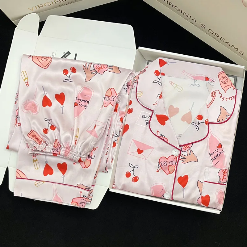 Korean Heart Print Silk Satin Pajamas Spring Autumn Winter New Sweet Long-sleeved Sleepwear Lapel Nightwear Woman Home Clothes