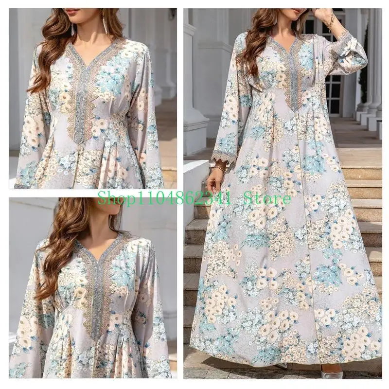 여성 이슬람 드레스 가운 꽃 프린트 드레스 이슬람 전체 길이 드레스 느슨한 중동 Thobe 여성 긴 소매 드레스