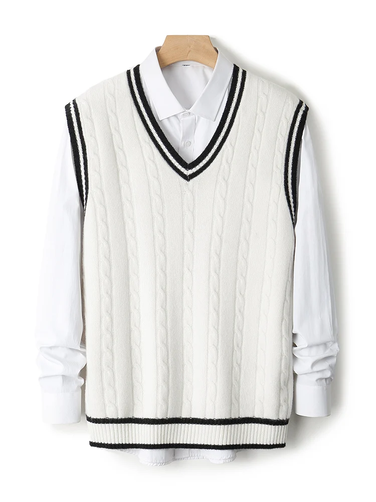 

TLOML Men's 100% Merino Wool Knitwear Color Blocking V-neck Waistcoat Pullover Spring Autumn Smart Casual Sleeveless Thick Vest