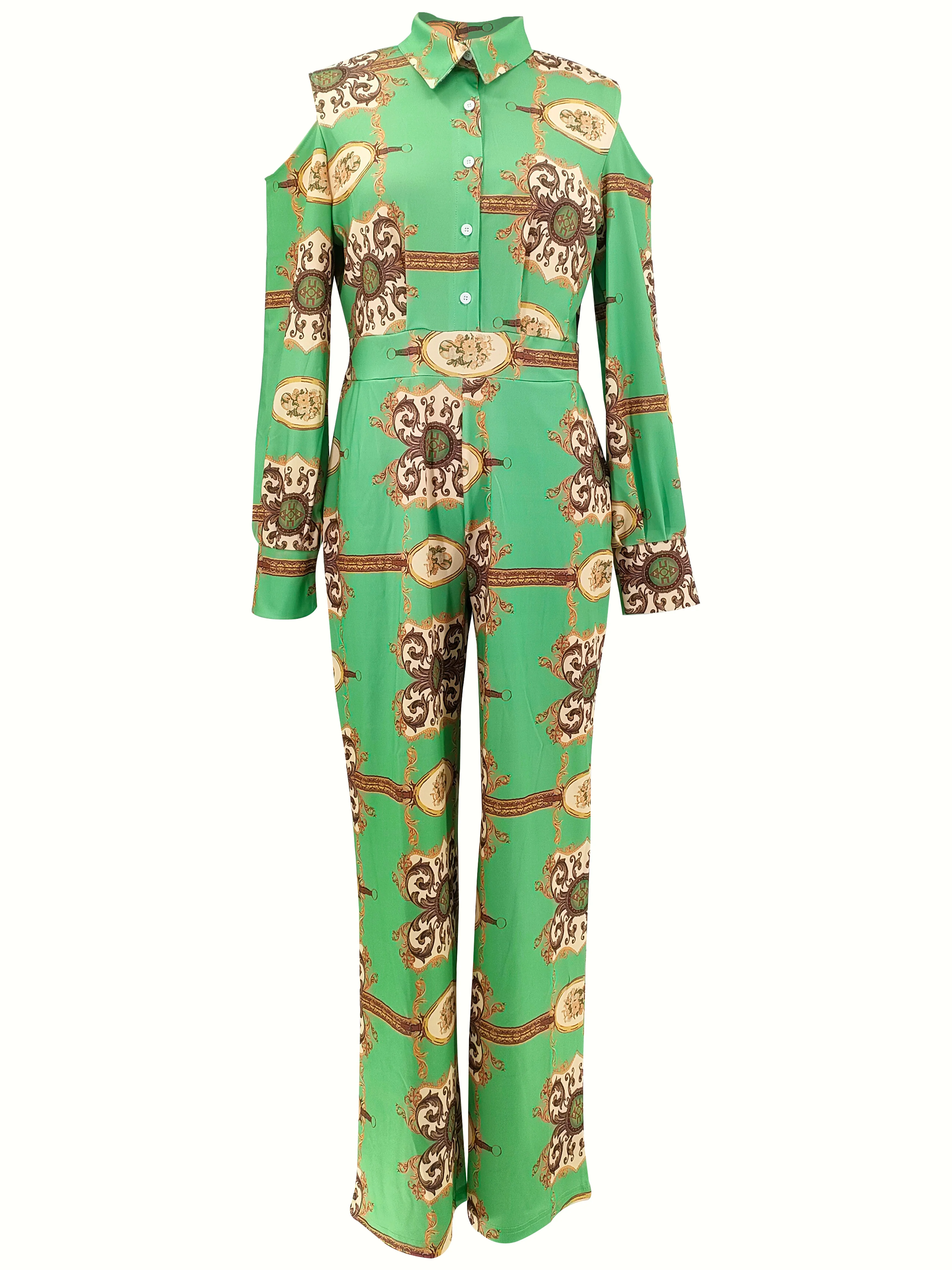 M3218 European and American Cross-Border Ebay Women's Off-Shoulder Lantern Sleeve Green Digital Print Jumpsuit