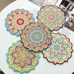 20cm Octagonal Shape Relief Ceramic Meal Table Mat Mandala Flower Pattern Cork Base Coasters for Restaurant Crafts Decoration