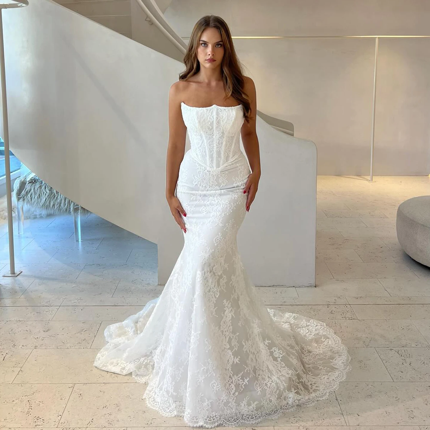 

Sharon Said Elegant Lace Mermaid White Wedding Dress 2025 Sweetheart Simple Court Train Princess Bridal Gowns SW047 Customized