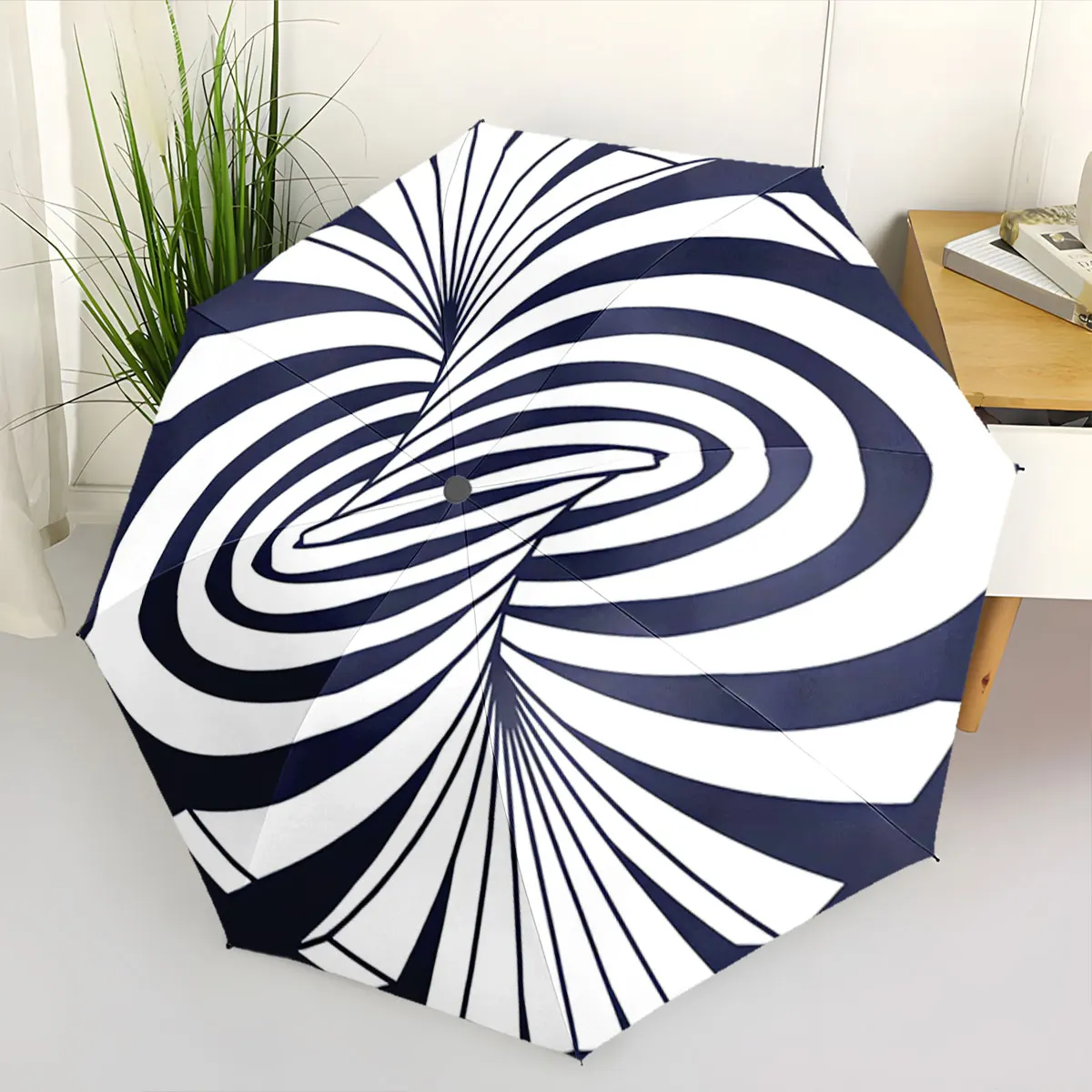Abstract Spiral White Pattern on Dark Blue Umbrella portable waterproof sun rain umbrella for outdoor travel beach