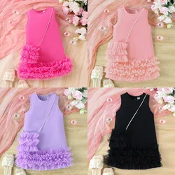 4-7Y Summer 2pcs Sleeveless Ruffle Edge Layered Kids Girls Cake Dress with Bag Lace A-Line Princess Dress for Girls Outfits