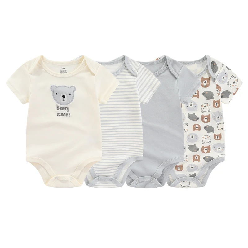 Kiddiezoom 4Pieces Summer Short Sleeve Cartoon Baby Boy Girl Bodysuit 100% Cotton Newborn Boy Girl Clothes