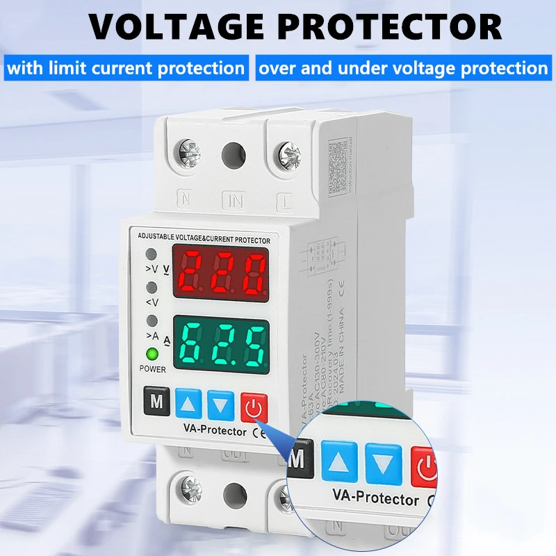 Din Rail Dual Display Adjustable Intelligent Over Voltage Current and Under Voltage Protective Device 40A 63A Protector Relay