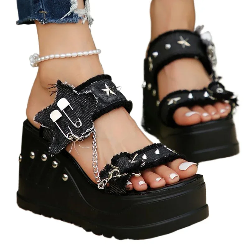 Metal Chain Ladies Slippers Wedges Super High Heels Rivets Pins Stars Huaraches Platform Sandales à Talons Black Denim High Heel