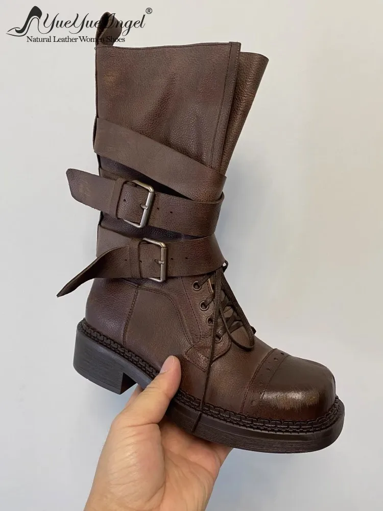 Women British Style Winter Buckle Genuine Leather Comfortable Cowhide Round Toe Mid Heel Fashion Female Motorcycle Boots Shoes
