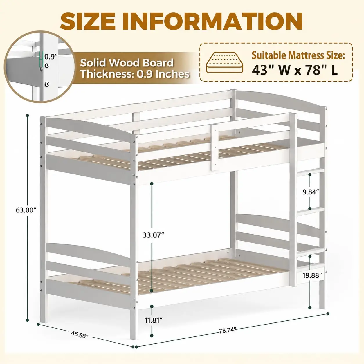Twin Bunk Bed Solid Wood Frame Converts to 2 Beds for 43