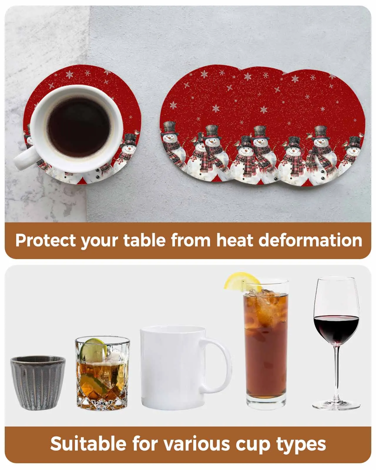 Snowman Cardinals Snowflakes Red Background Round Coaster Coffee Table Mats Kitchen Accessories Absorbent Ceramic Coasters