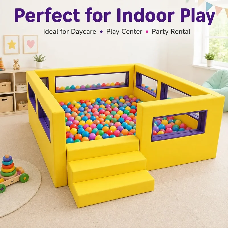 Custom Kids Yellow Purple pink Blue Indoor Soft Play Area Ball Pit with Padded Safety Fence Transparent Windows and Soft Steps