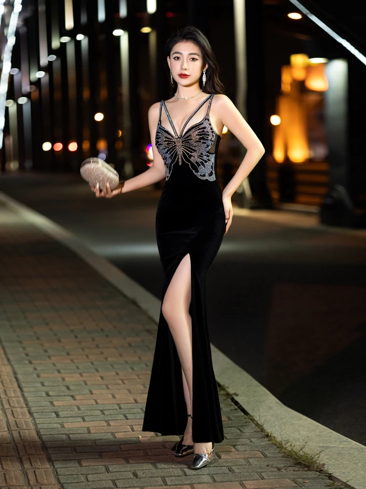 Black Suspender Evening Dress, Velvet, Luxurious, Light Luxury, Niche Host, Annual Meeting, Birthday, Fishtail Split Dress