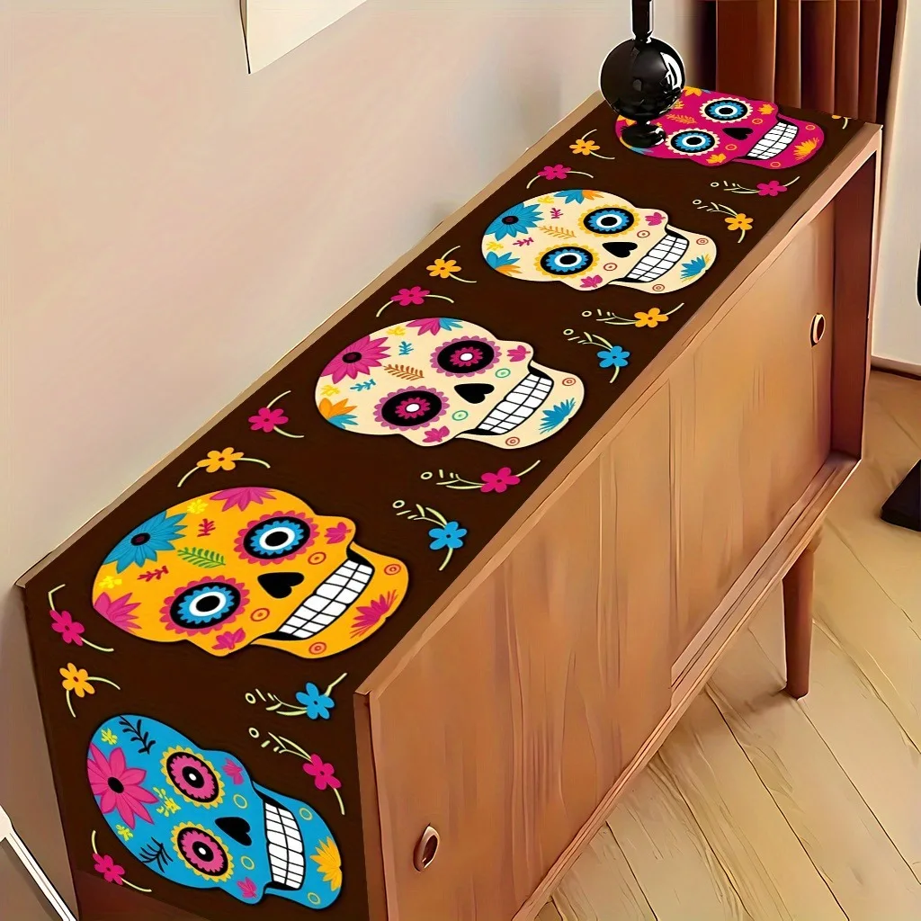 Day Of The Dead Sombrero Sugar Skull Floral Tischläufer, mexikanischer Halloween-Tischläufer für den Innenbereich, Küche, Sideboard, Feiertags-Tischdekoration – Detail 2