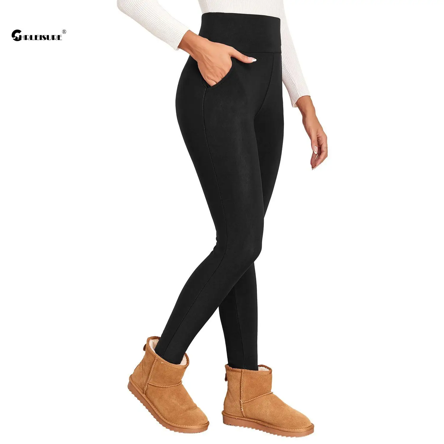 CHRLEISURE Lamb Velvet Yoga Pants with Pockets Women Thicken Fitness Leggings Winter Warm Sport Tights Thermal Solid Legging