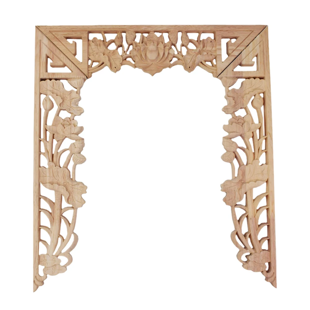 1PC Vintage Lotus Altar Wood Carved Decal Corner Onlay Applique Frame Furniture Wall Unpainted for Home Cabinet Door Decor Craft