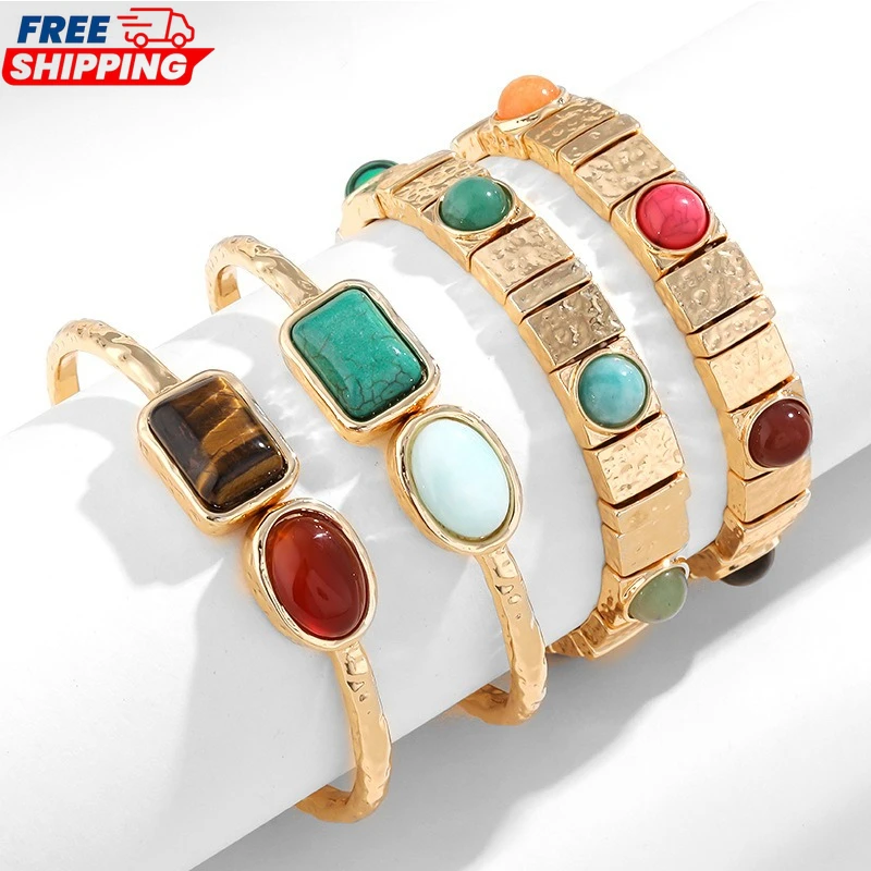 

2025 Vintage Handmade Enamel Bracelet Turquoise Tiger Eye Natural Stones Boho Christmas Birthday Gift Women Chakra Jewelry