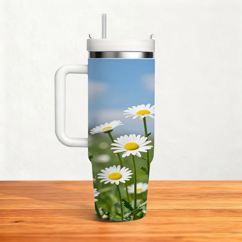 40oz Sky Blue Background White Daisy Grass Field Print Insulated Stainless Steel Travel Tumbler With White Handle Straw Lid Large Thermal Cup