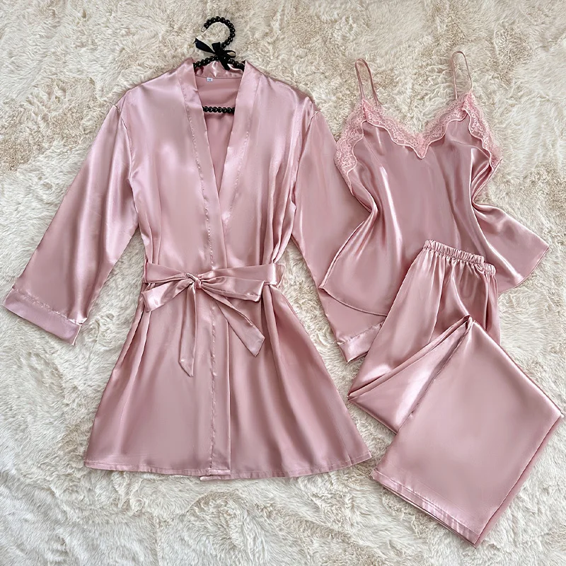 

Three Piece Pajamas Set Spring Cardigan Home Clothes Sexy Lace Cami&pant&bathrobe Sleepwear Suit Satin Women Pyjamas Lingerie