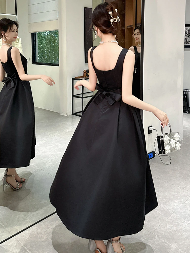 New Summer Fashion Lady Black Satin Holiday Evening Dress Women Clothes Elegant Sexy Strap A-Line Party Prom Vestido Fiesta Robe