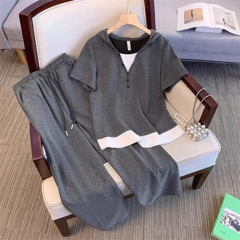 

Casual Hooded Splice Women's Two-Piece Set T-irt Summer Outerwear Long Pants Comfortable Breathable Sportswear Ensemble
