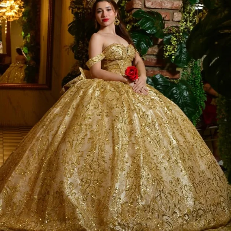 

Shiny golden Quinceanera Dress glitter crystal Decal Long tail Bow Vestidos De 15 Quinceanera ﻿Customize