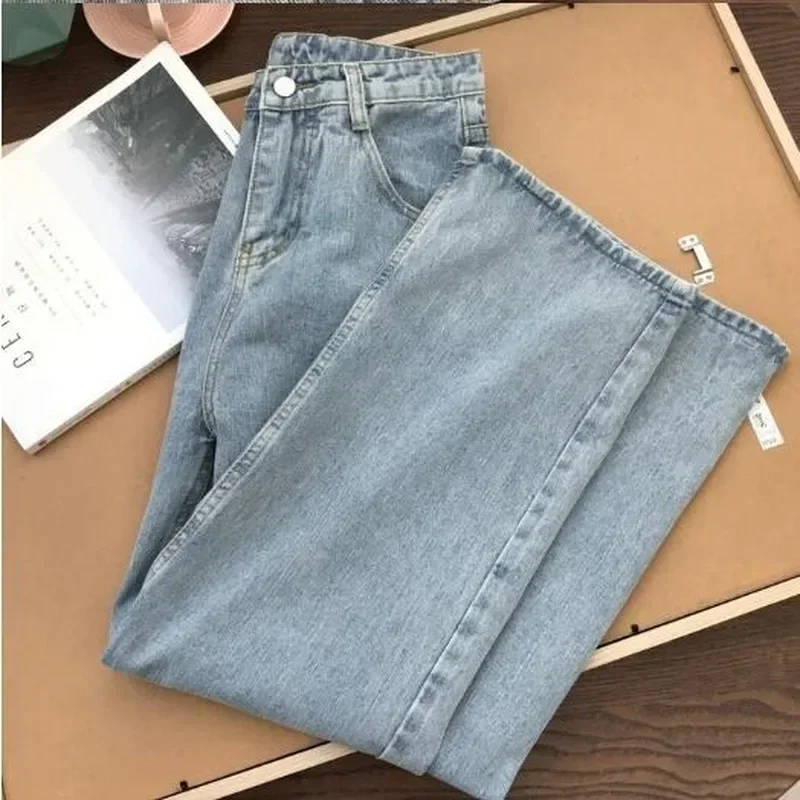 2024 Autumn Light Blue Denim Vintage Casual Loose Wide Leg Pants Women Korean Straight Long Pants Trousers High Waist with Belt