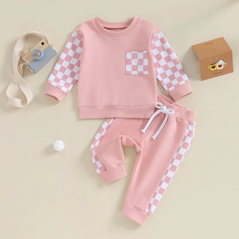 Baby Girl Boy Fall Winter Clothes Checkerboard Print Long Sleeve Sweatshirt Tops Pants Set 2Pcs Toddler Outfits