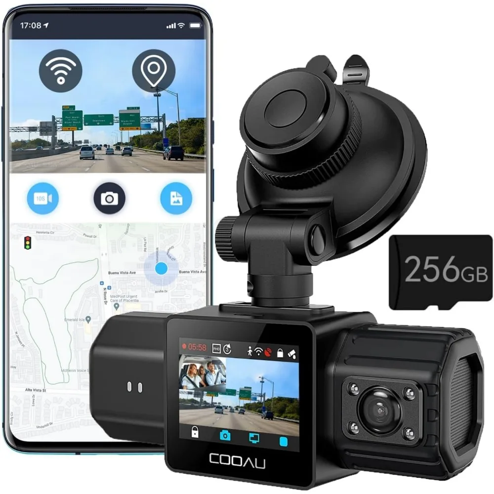 كاميرا COOAU D20 Dual Dash أمامية وداخلها مع بطاقة 256 جيجابايت ونظام تحديد المواقع WiFi، كاميرا داش 2.5K 1080P للسيارات، كاميرا داش كام مثالية لـ U-BER