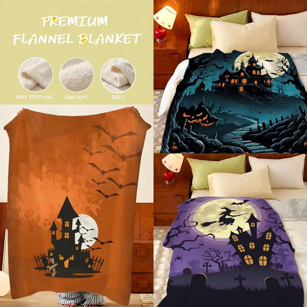 Halloween Haunted House Throw Plush Flannel Throw Blanket, Sofa Bed Travel Picnic Home Textile Decor
